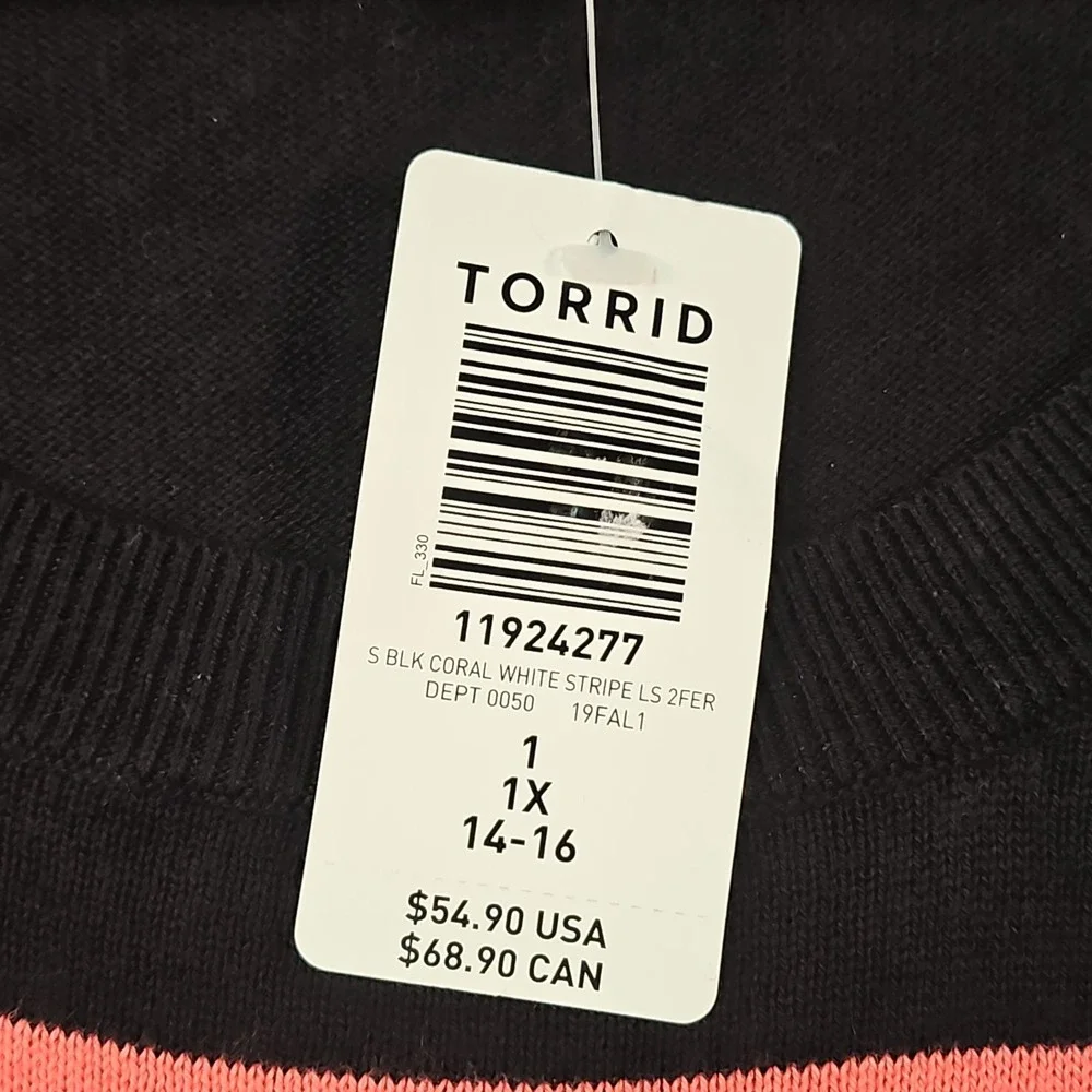 Torrid 1 Sweater Womens 1X Black Striped Layered Preppy Lagenlook Stretch Coral